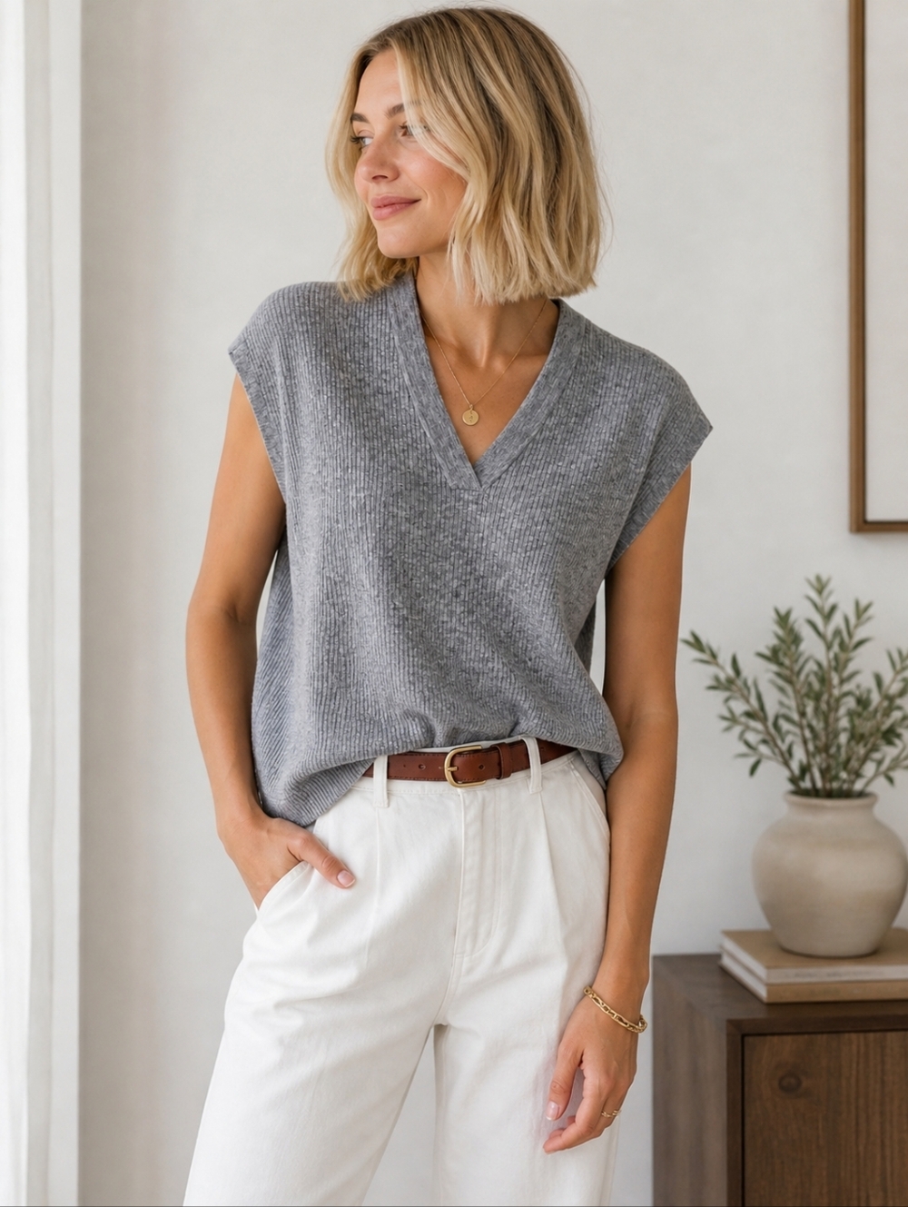 LOFT Gray Ribbed Sweater Vest XS Relaxed Fit V-Neck Minimalist Capsule